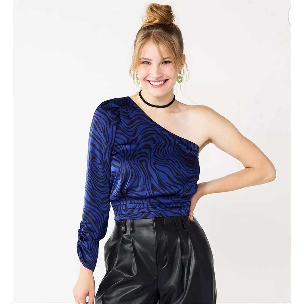 Womens Juniors SO One Shoulder Animal Print Cropped Top - Sz XL